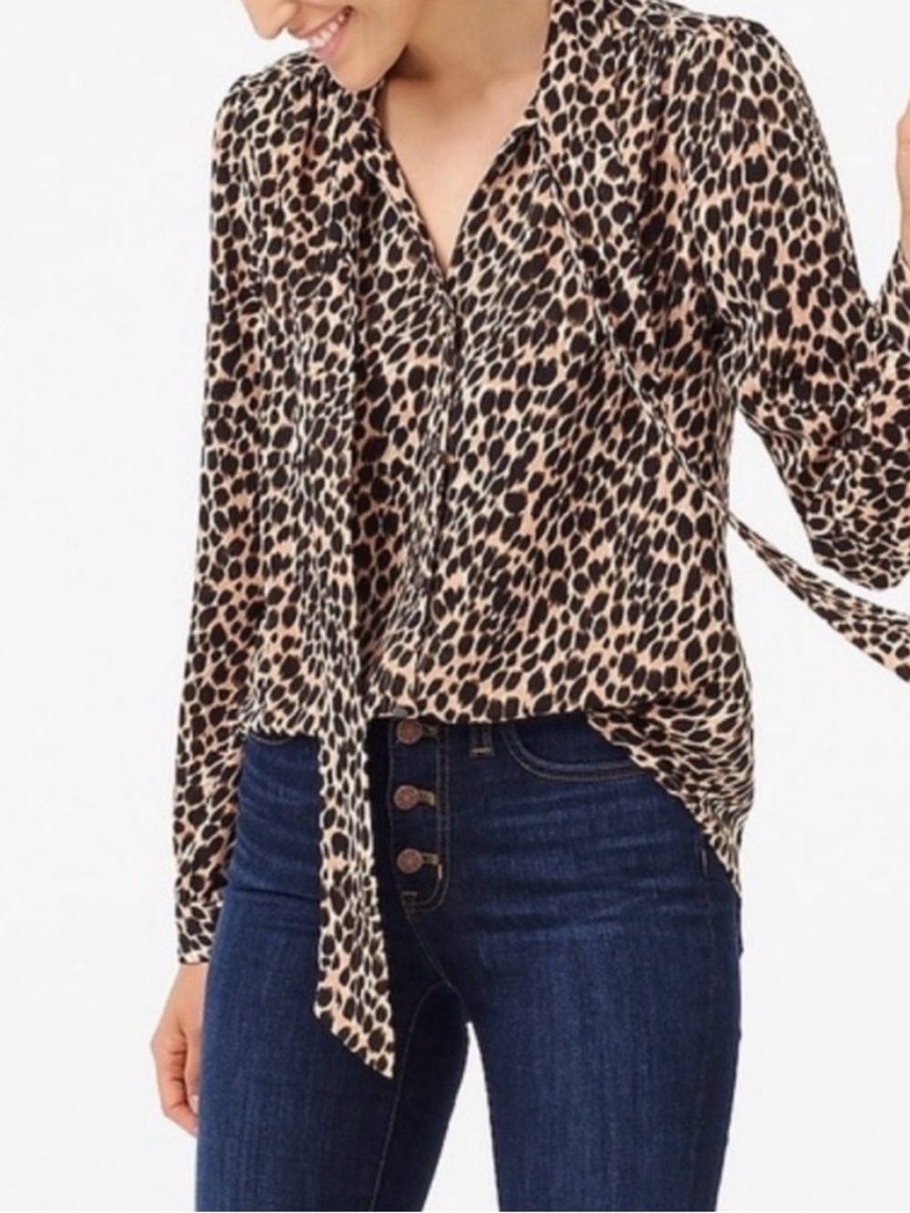 JCREW Leopard Print Long Sleeve Button Up Tie Neck Blouse Medium